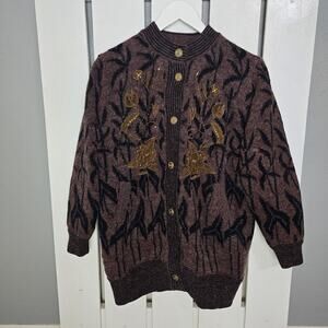 New Wang Kong VTG‎ Brown Floral 3D Petal Woman Button Jacket Large Grannycore